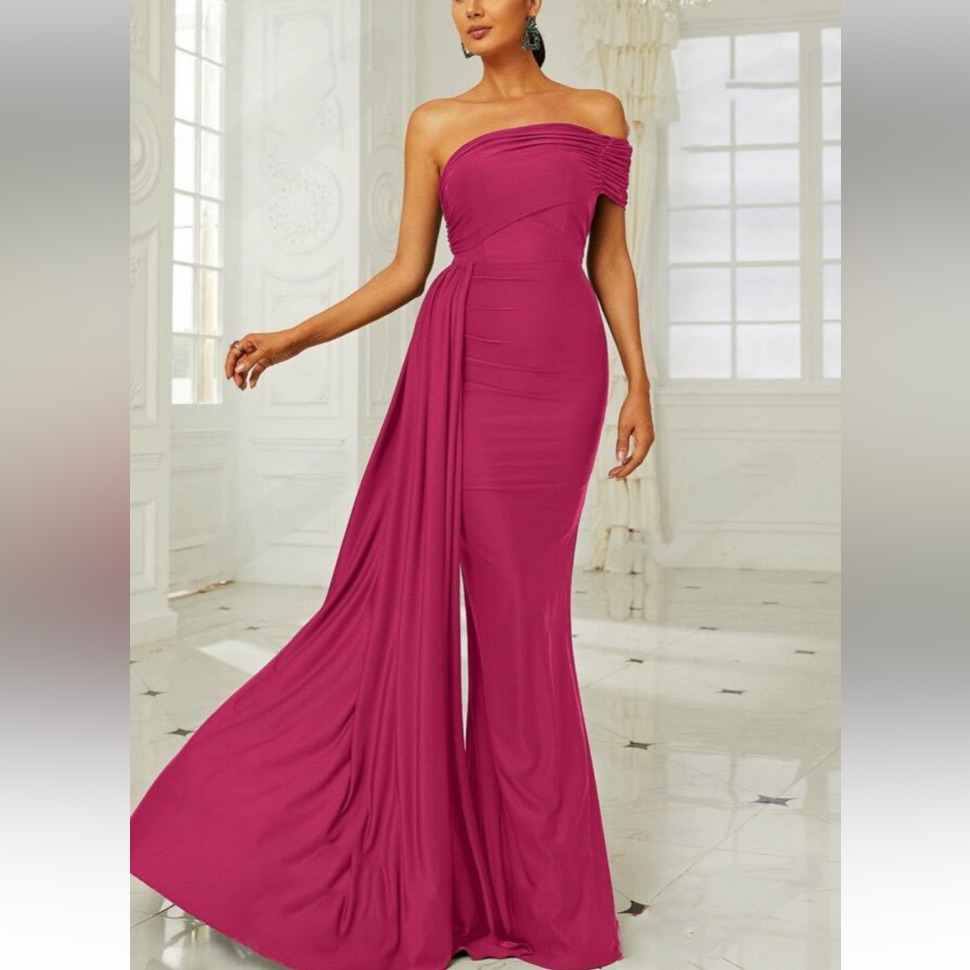 Luxe Pink One Shoulder Draped Party Formal Evening Gown Dress